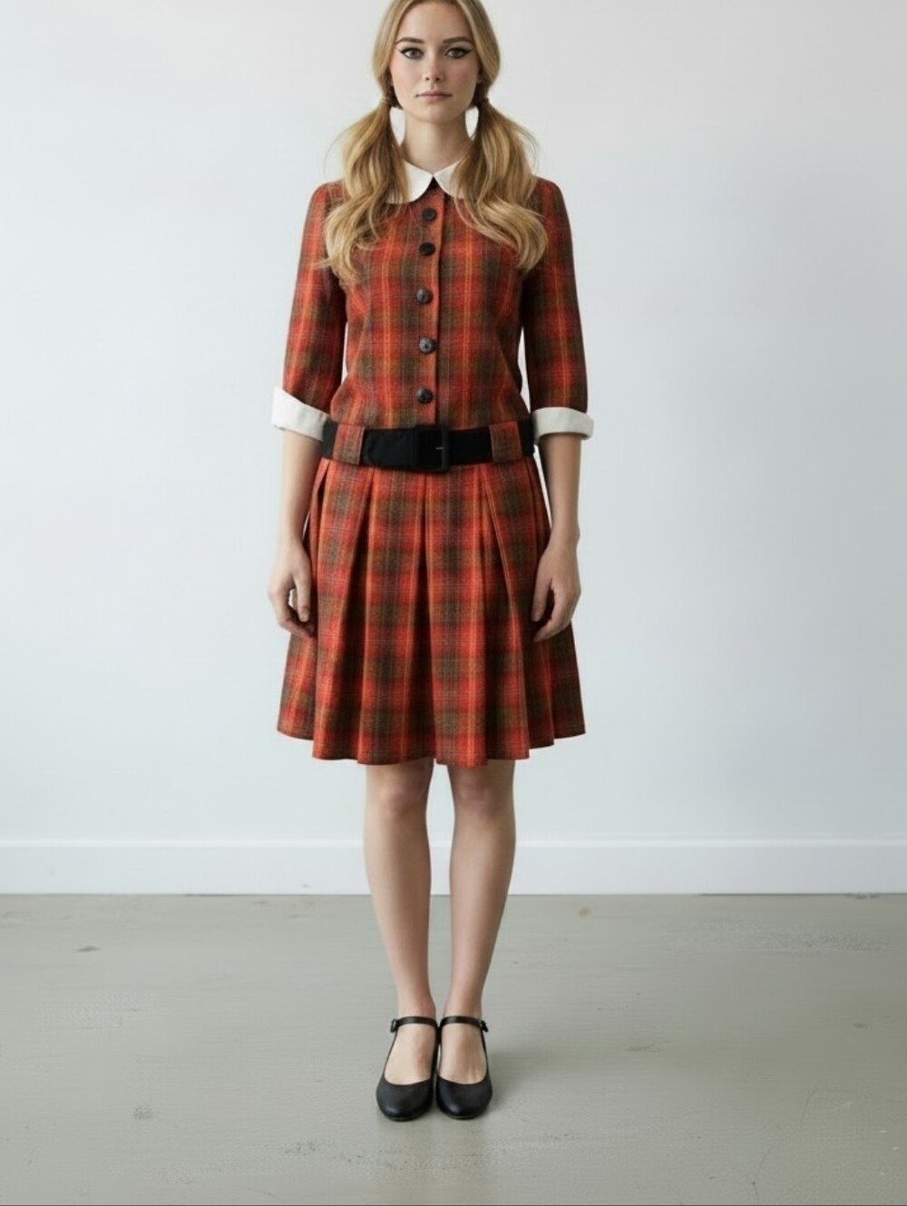 Vintage 1960s Red Plaid Drop Waist Button Front Belted Pleated Dress - Picture 14 of 15